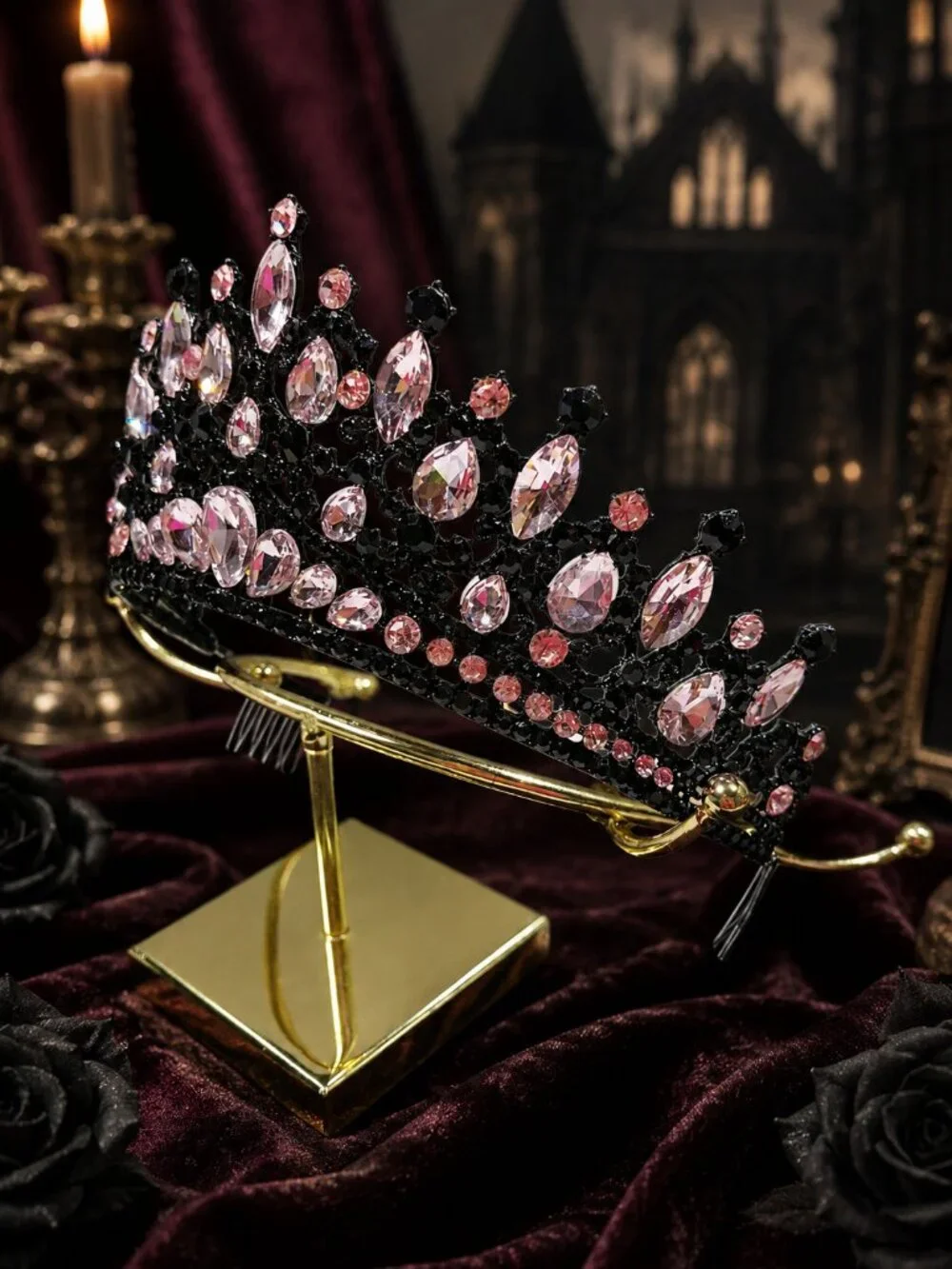 Gothic black crown, Pink crystal comb crown, Dark princess tiara, Costume crown
